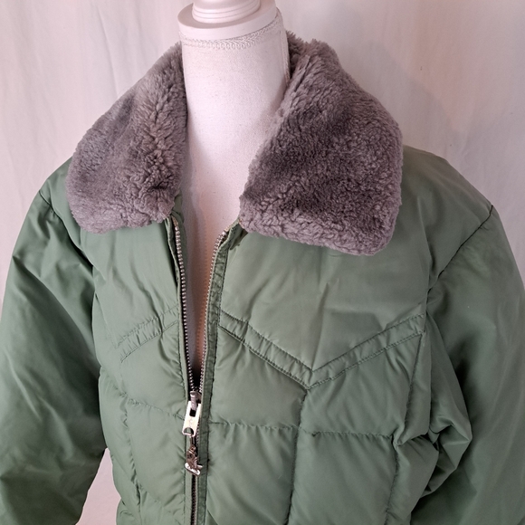 Vntg OLIN Comfy Laramie Green Puffer Goose Down Jacket Sherpa Fleece Collar SzML - Picture 3 of 12